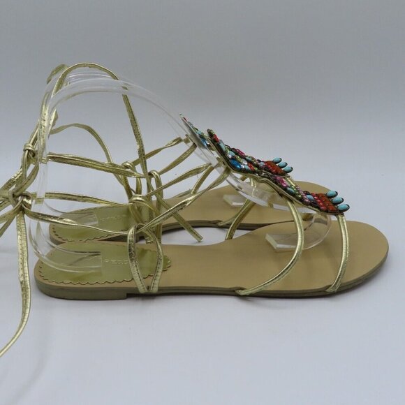Express Womens 9 Lace Up Gladiator Flat Sandals Multicolor Rhinestone Gems Gold - Picture 6 of 9